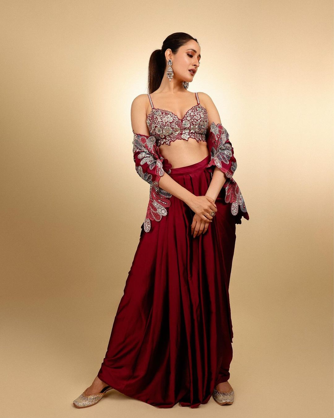 South Indian Actress Pragya Jaiswal in Maroon Lehenga Choli